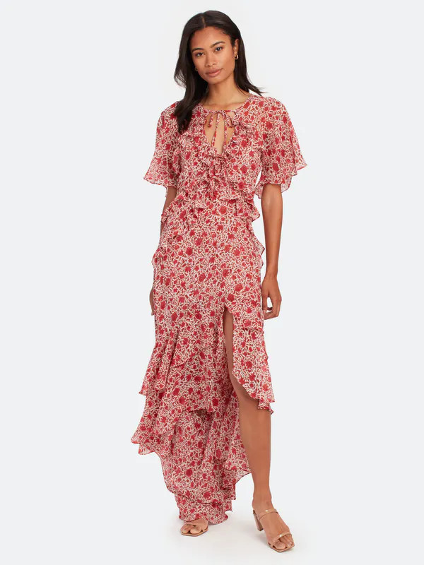 MISA Los Angeles Katarina Silk Chiffon Asymmetrical Midi Dress - Red - XS | Verishop