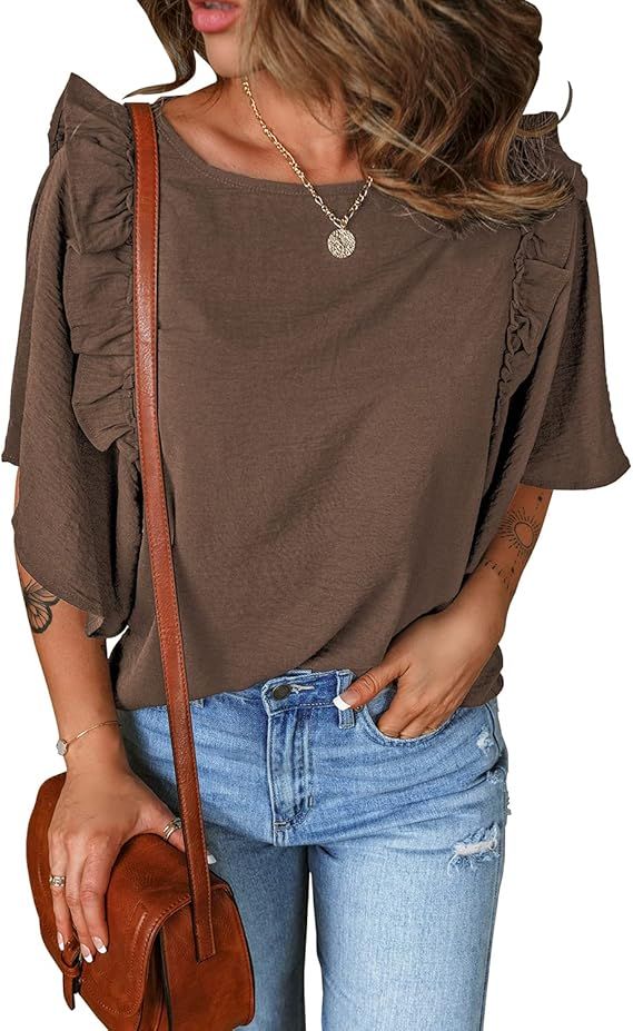 luvamia Women Casual Tops Ruffle Bell Sleeve Crewneck Loose Summer Blouse Shirts | Amazon (US)