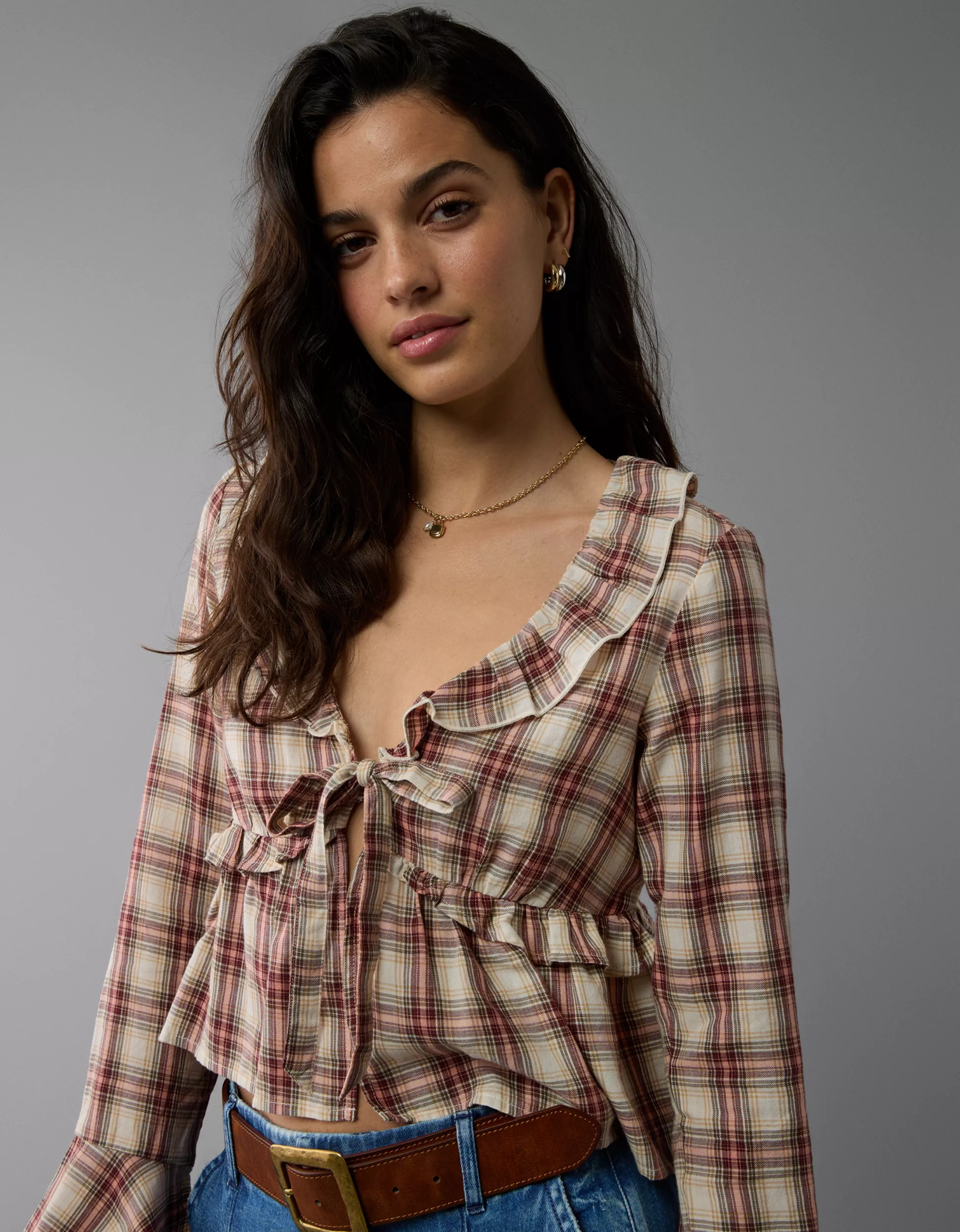 AE Long-Sleeve Ruffle Tie Front Shirt | American Eagle Outfitters (US & CA)