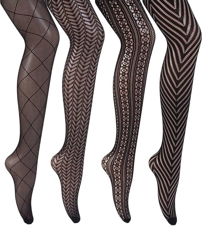 Charmdays Patterned Tights for Women Black Fishnet Stockings Lace Design Pantyhose 4 Pack | Amazon (US)