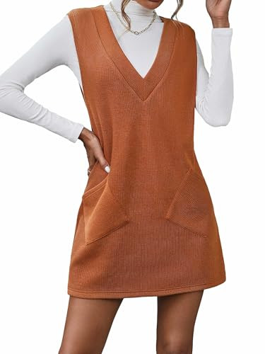 VETIOR Womens Winter Dresses Overall Pinafore Casual Sweater Christmas Short V Neck Dresses for Women 2024 Casual Orange M | Amazon (US)