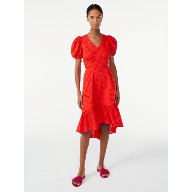 Scoop Women's High Low Eyelet Midi Dress with Puff Sleeves | Walmart (US)
