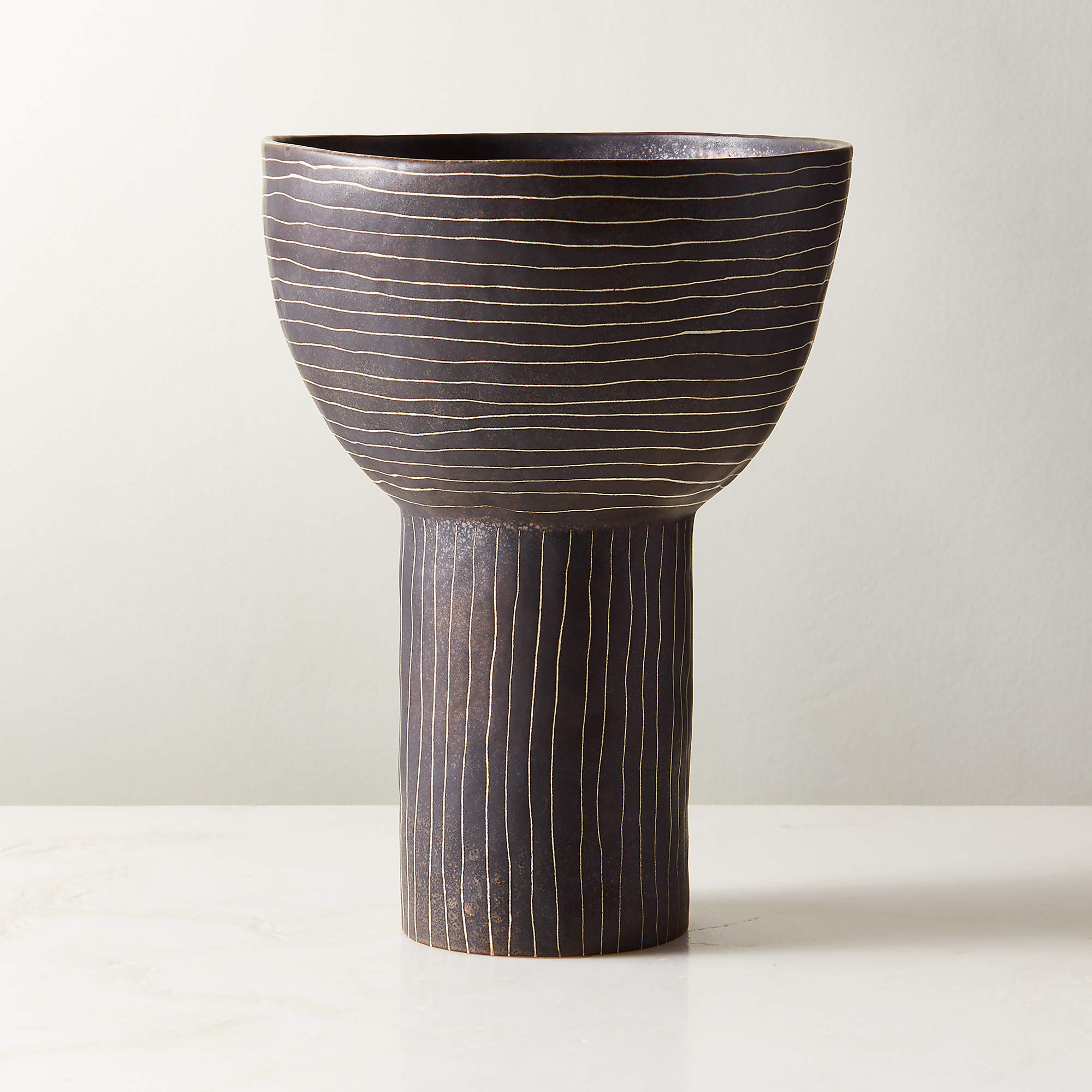 Kettner Grey Ceramic Striped Footed Bowl/Vase + Reviews | CB2 | CB2
