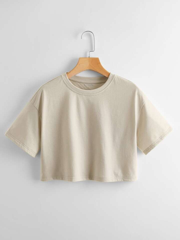 Solid Crew Neck Crop Tee | SHEIN