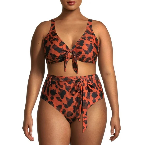 Social Angel Women's Plus Size Leopard Tie Swimsuit Top | Walmart (US)