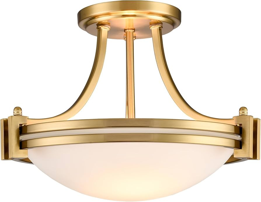 12-Inch Brass Semi Flush Mount Ceiling Light Milk Glass Light Fixture Mid Century 2-Light Gold Gl... | Amazon (US)