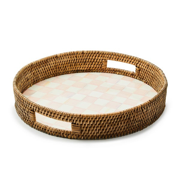 MacKenzie-Childs Rosy Check Enamel & Rattan Round Serving Tray | MacKenzie-Childs