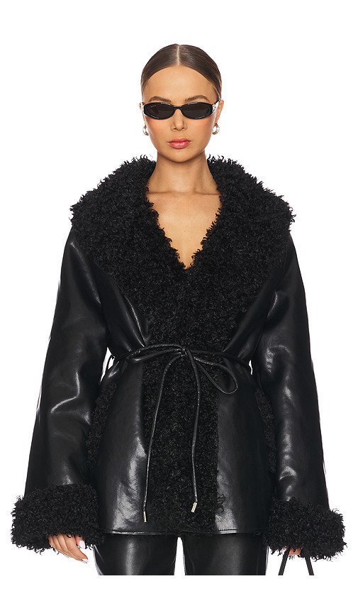 SEROYA Roxanne Faux Fur Leather Coat in Black. Size S | Revolve Clothing (Global)