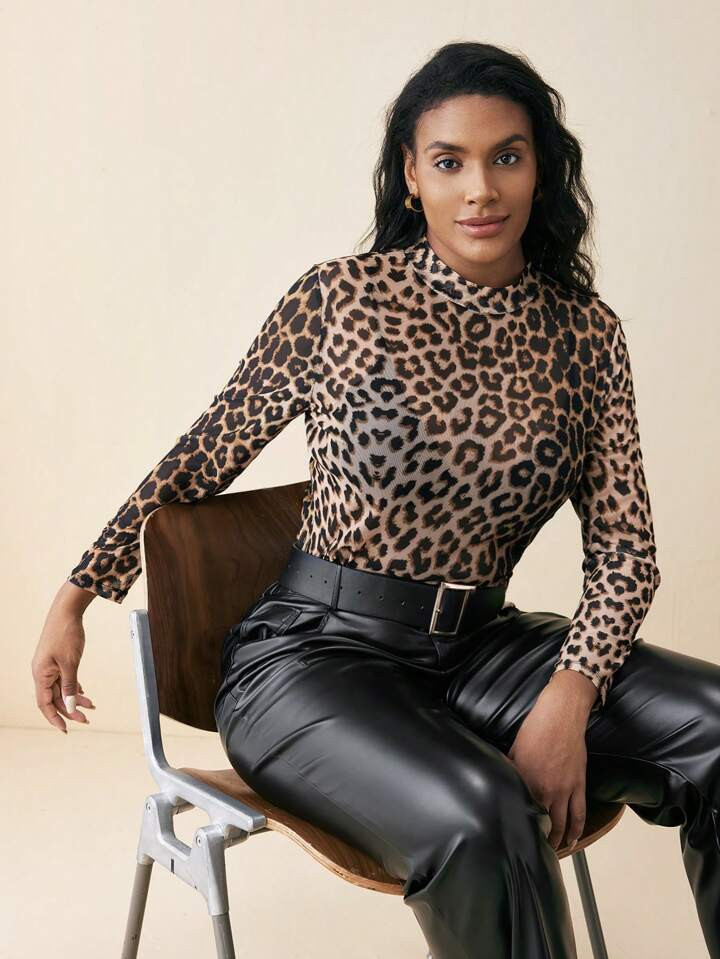 SHEIN BIZwear Plus Size Women's Mesh Leopard Print Casual Blouse Fall Women Outfits | SHEIN