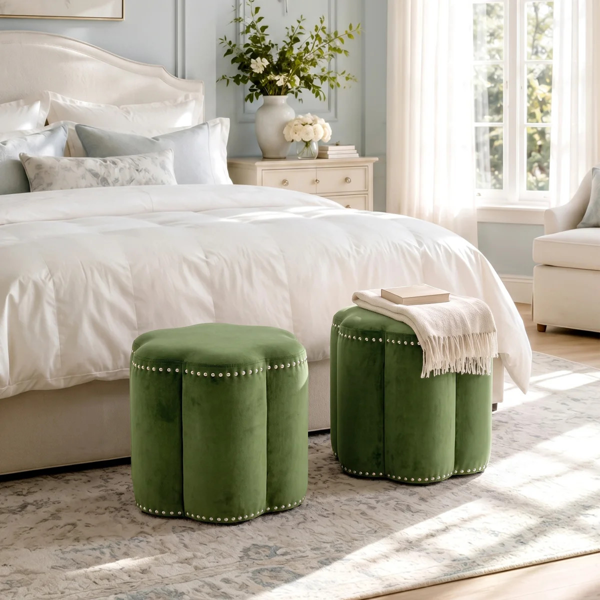 Thirza Petal-Shaped Upholstered Ottoman with Nailhead Trim and Padded Top | Wayfair North America