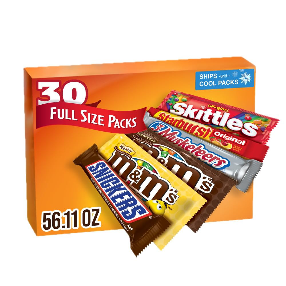M&M'S, SNICKERS, 3 MUSKETEERS, SKITTLES & STARBURST Variety Pack Full Size Bulk Candy Assortment, 56.11 oz, 30 Bars | Amazon (US)