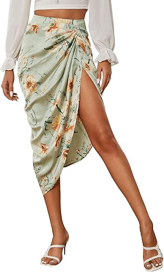 Floerns Women's Boho Floral Print Split Thigh Satin Ruched Midi Skirt | Amazon (US)