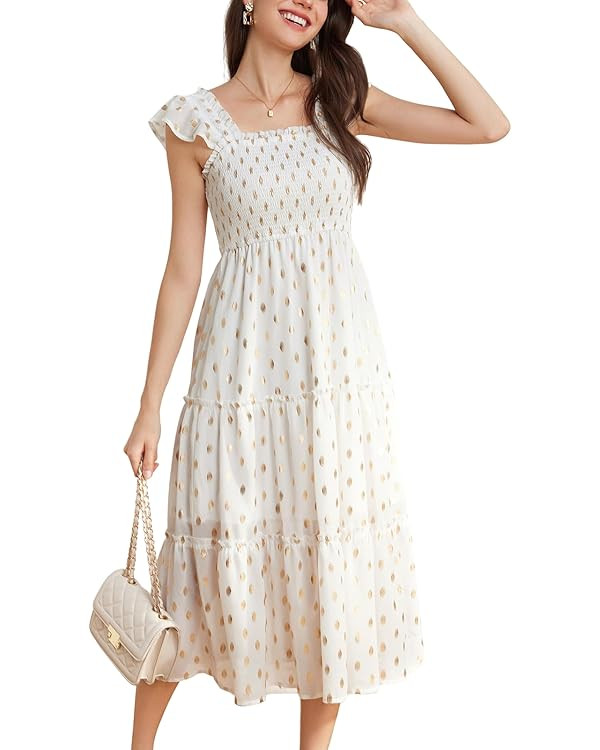 GRACE KARIN Womens Smocked Flowy Summer Dresses A Line Square Neck Flutter Sleeve Ruffle Tiered P... | Amazon (US)