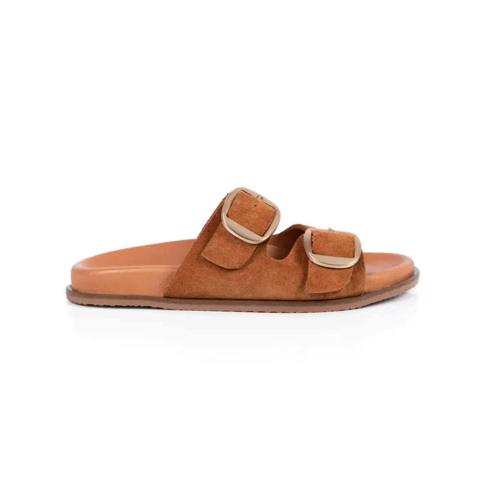 Talia: Tan Suede Two Bar Sandals | Air & Grace