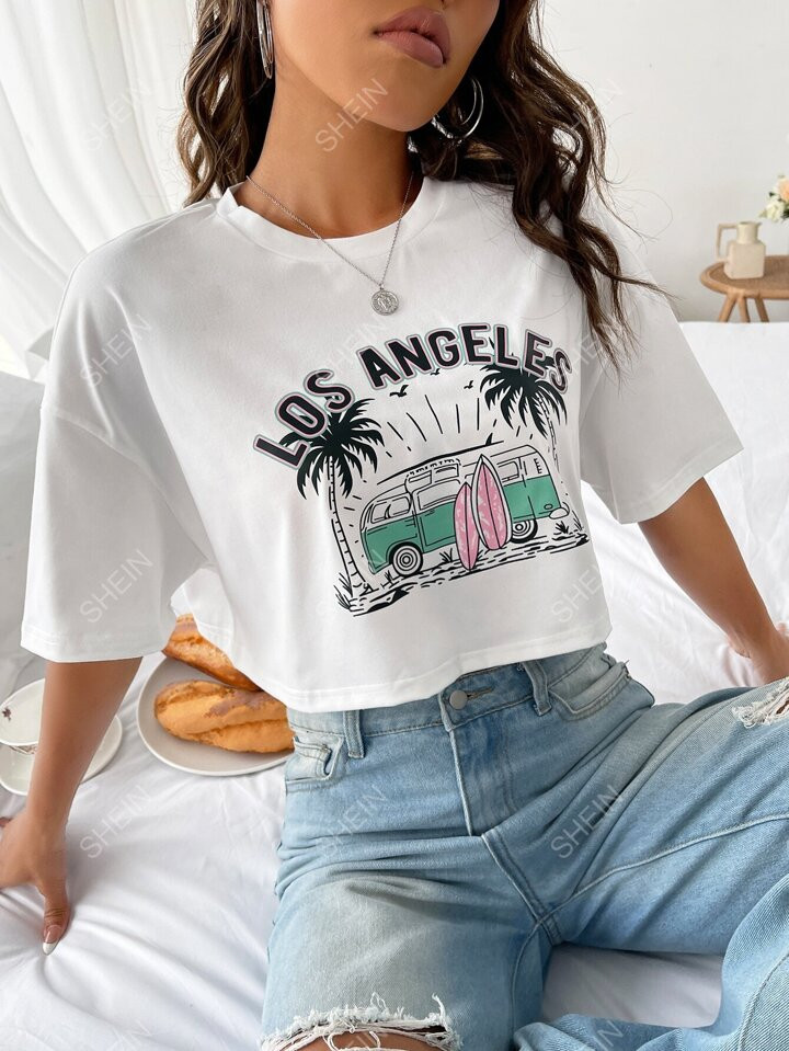 SHEIN EZwear Car & Letter Graphic Drop Shoulder Tee | SHEIN