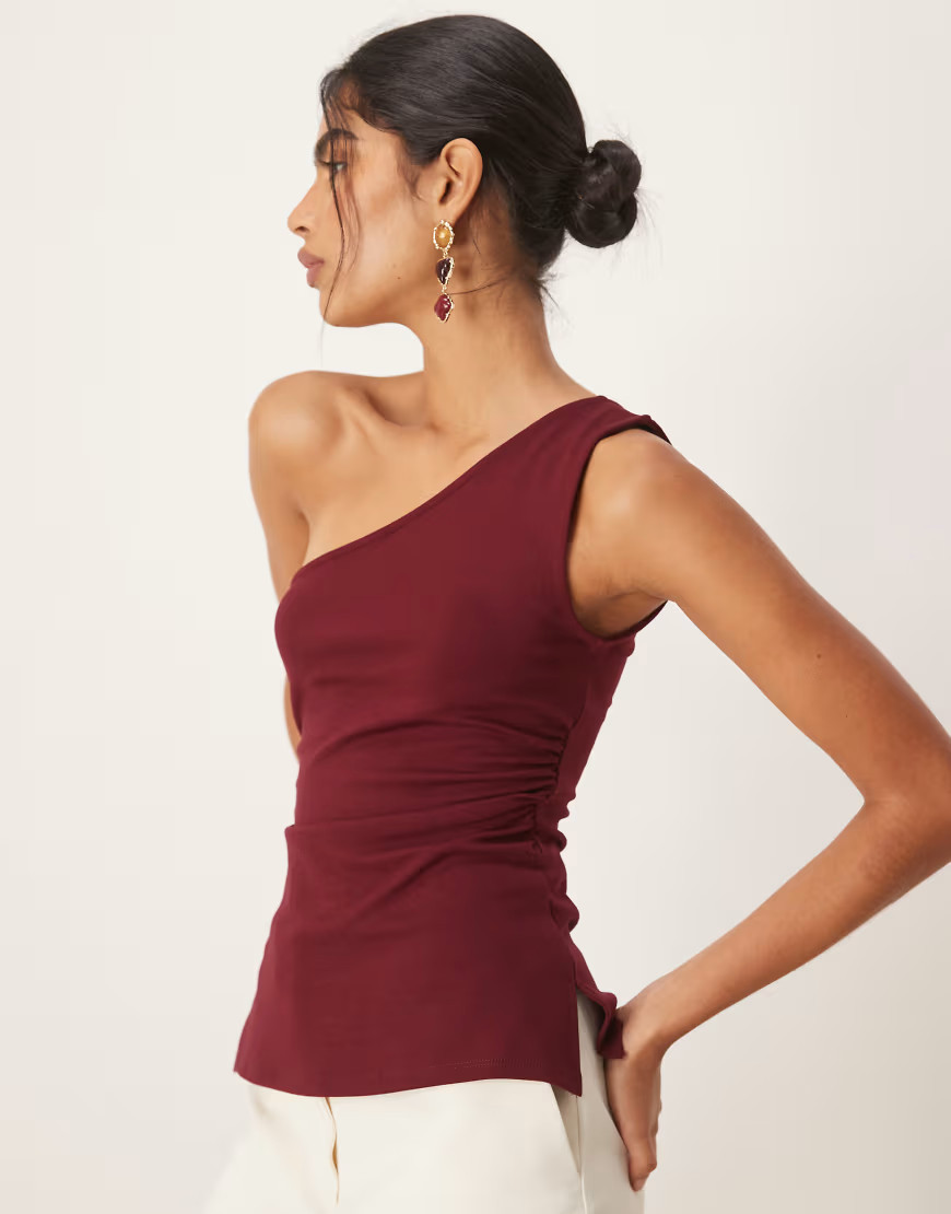 Mango one shoulder top with ruched side detail in burgundy-Red | ASOS (Global)