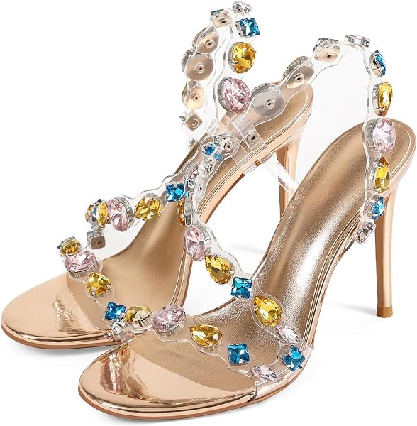 Women\u2019s Clear Rhinestone High Heel Sandals Open Toe Stiletto Heel Transparent Crystal Strap ... | Amazon (US)
