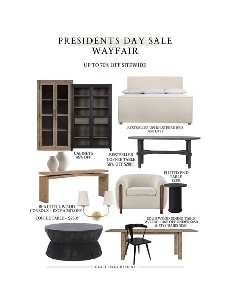 WAYFAIR Presidents’ Day sale - up to 70% off sitewide 

furniture sale. Presidents’ Day furniture sale. Home decor. Wayfair furniture. Black cabinet. Curio cabinet. Upholstered bed. Console table. Coffee table. Chair. Dining room. Living room. Black dining chairs. Wood table. End table. Coffee table. Vase  

#LTKfindsunder100 #LTKsalealert #LTKhome