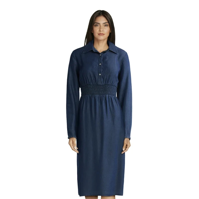 Time and Tru Women's and Women's Plus Midi Shirtdress with Long Sleeves, Sizes XS-4X | Walmart (US)
