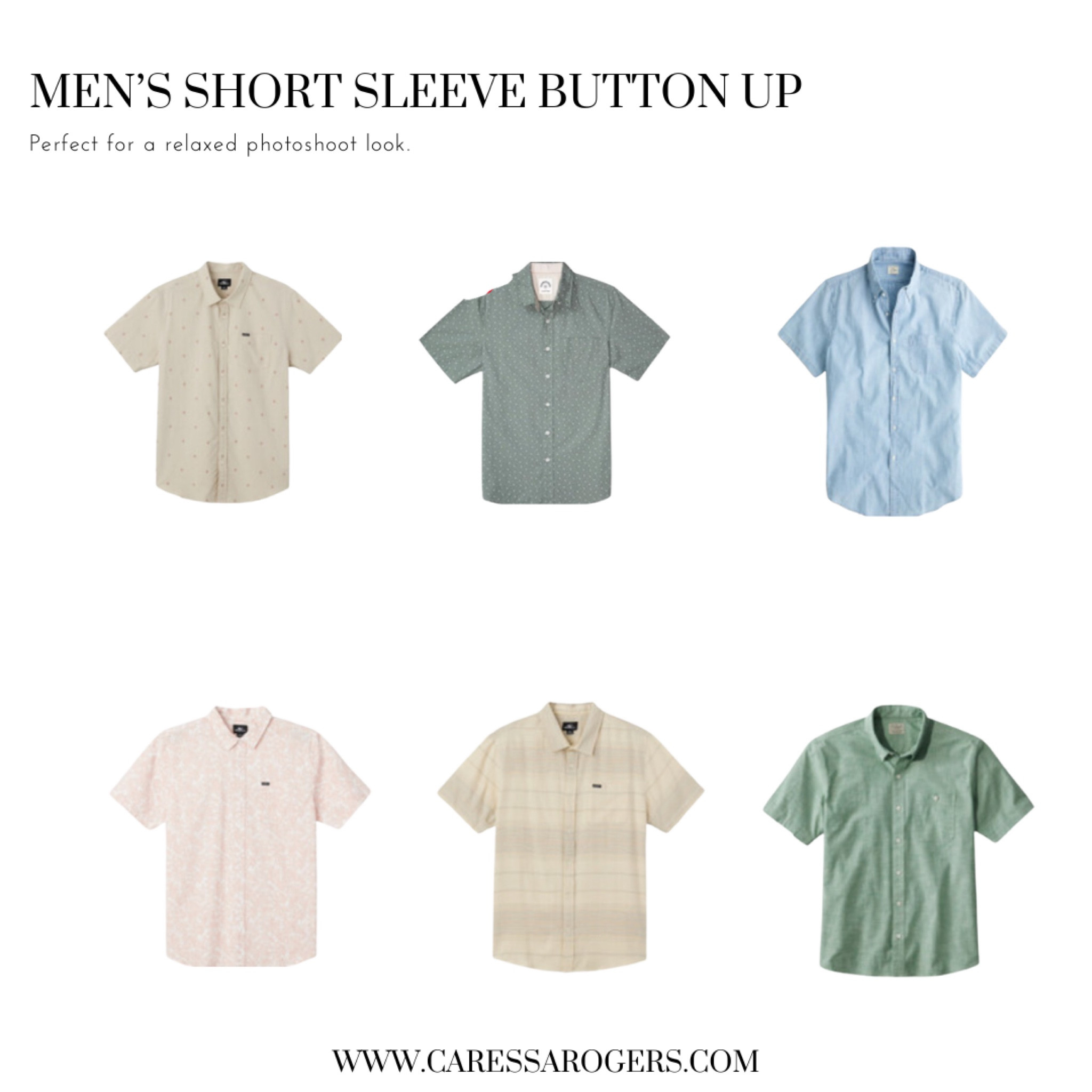 Men’s short sleeve button ups perfect for a relaxed feel in photos. These would look great in the studio or outdoors!