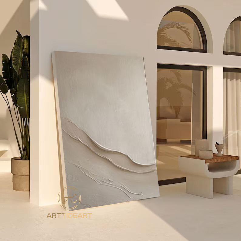 Large Beige Plaster Wall Art Beige Abstract Wave Painting Beige 3D Texture Painting Modern Minima... | Etsy (US)