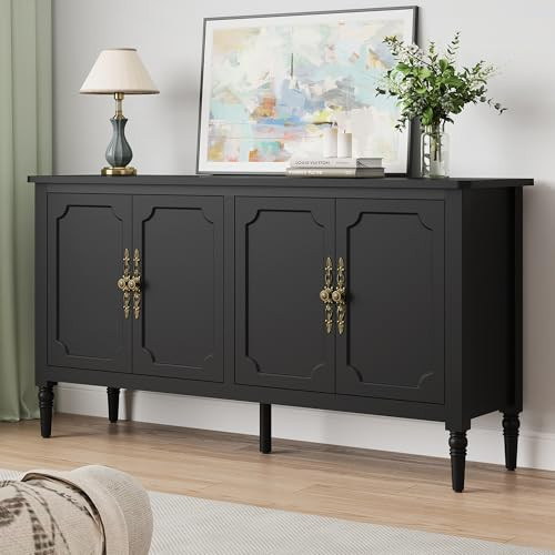 RoyalCraft 59" Buffet Cabinet with Storage, Vintage Sideboard with Adjustable Shelves & Carved Handle, Mid Century Modern Painted Credenza Coffee Bar for Kitchen, Dining Room, Satin Black | Amazon (US)