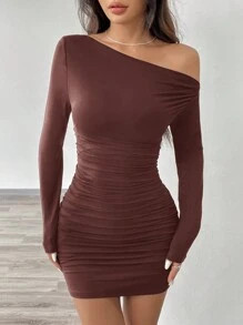 SHEIN EZwear Women's Long Sleeve Off-Shoulder Smocked Bodycon Mini Dress SKU: sz2407100921944844
... | SHEIN