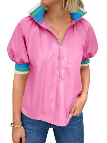 Tankaneo Womens Puff Sleeve Tops Blouse Color Block Half Zip V Neck Pullover Trendy Summer Casual... | Amazon (US)