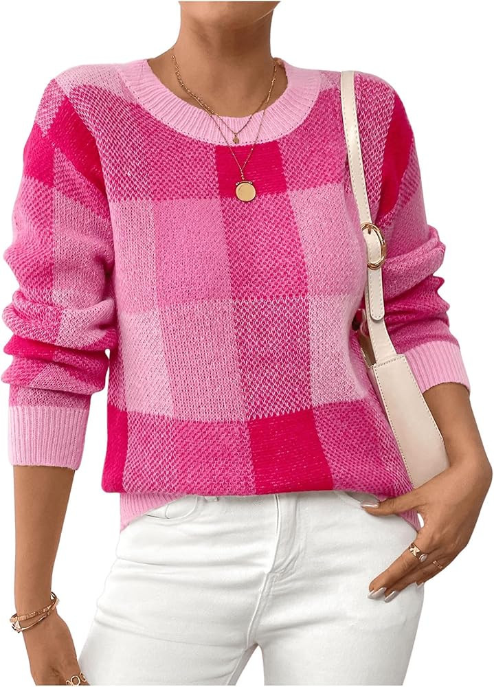 GORGLITTER Women's Argyle Checkered Sweater Plaid Long Sleeve Fall Knit Sweater Pullover Tops | Amazon (US)