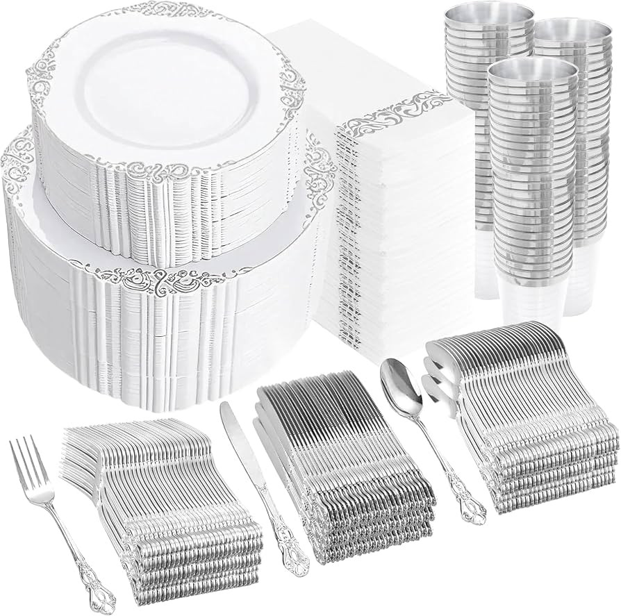 YOUBET 700PCS White and Silver Plastic Dinnerware Set for Wedding Party | Amazon (US)