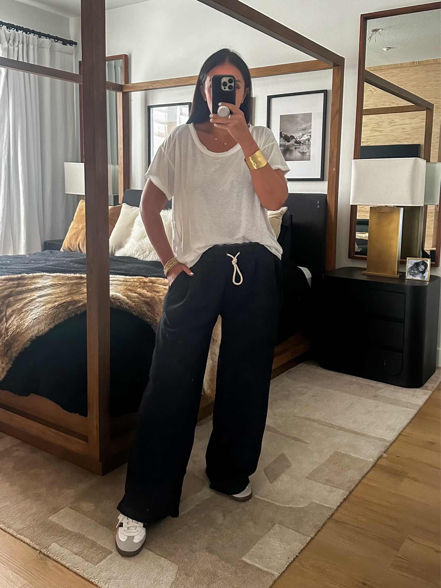 Out From Under Hoxton Sweatpant wearing size medium. Out From Under Verona Burnout Tee wearing size medium. Adidas OG Sambas
