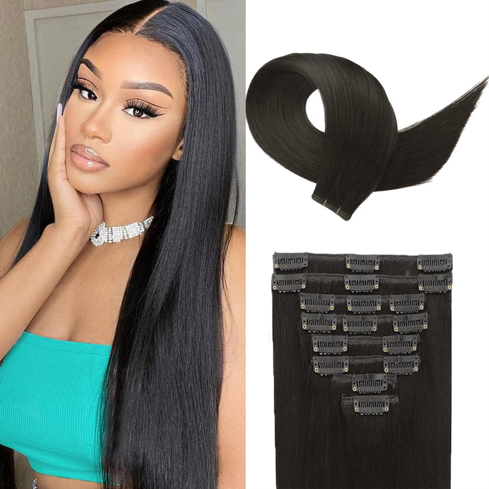 Clip in Hair Extensions Real Human Hair Remy Black Hair Extensions for Women Invisible Natural St... | Amazon (US)