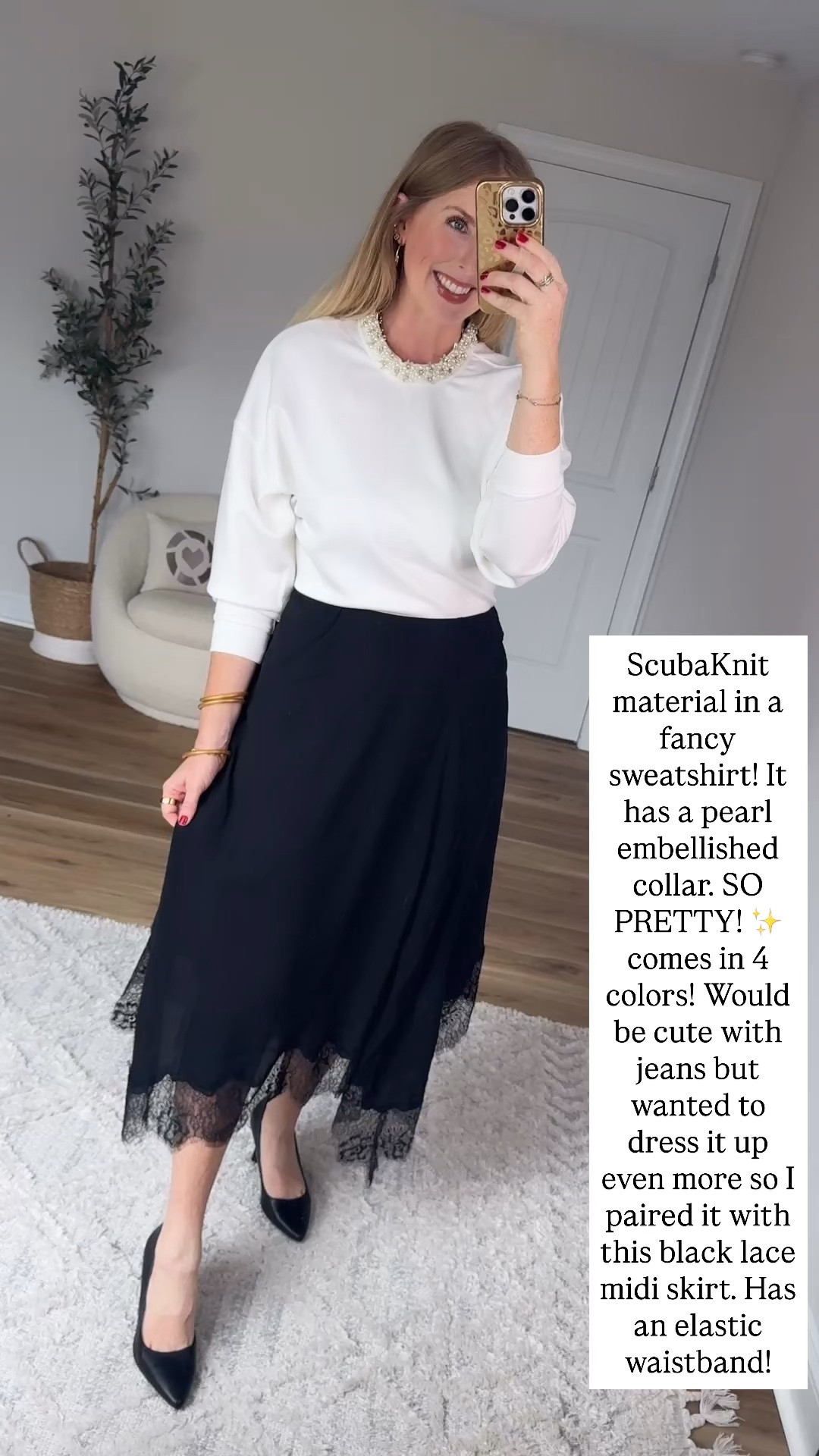 Walmart outfit, Pearl embellished scubaknit, black lace midi skirt

#LTKootd