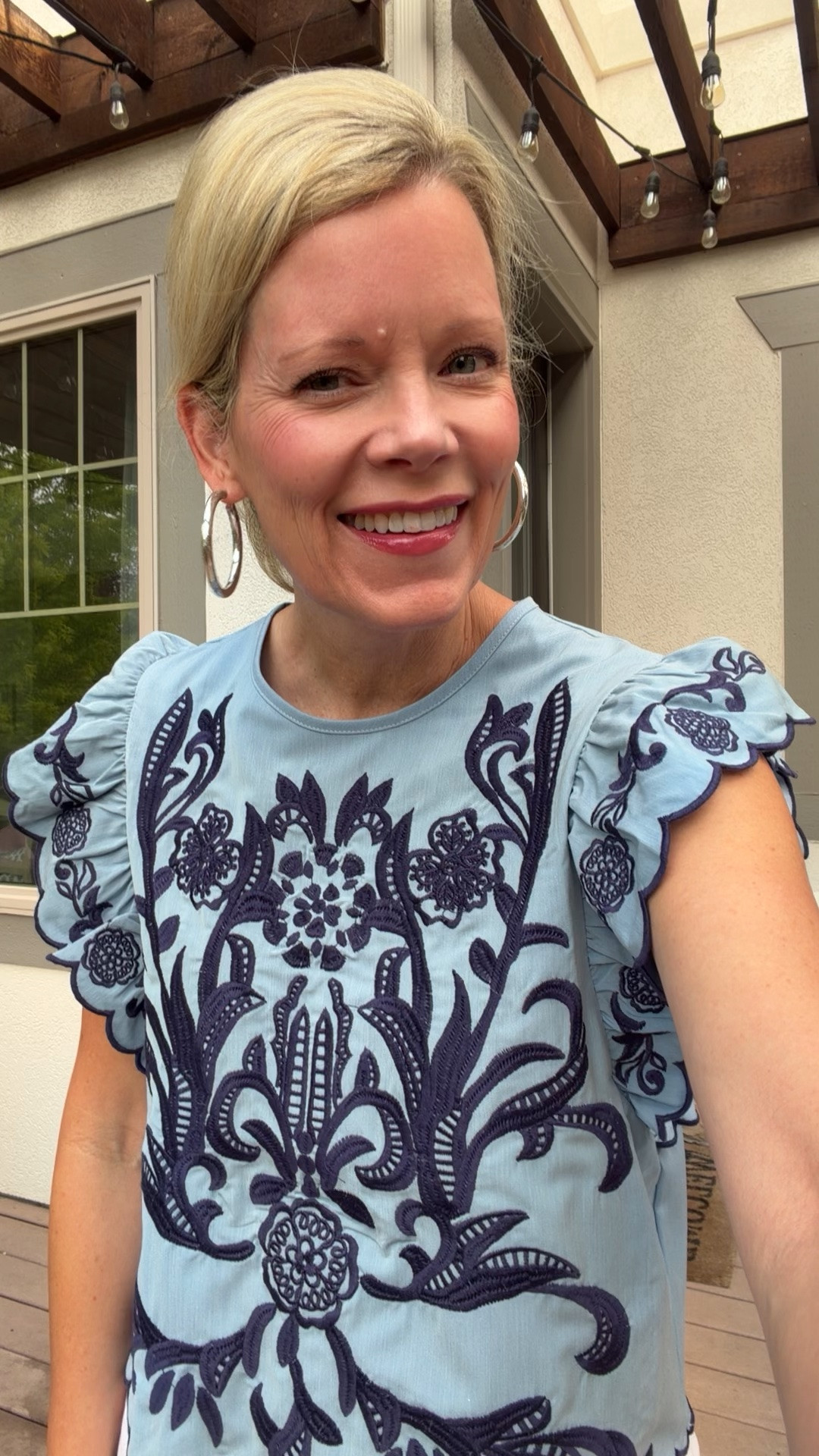 My fun ootd!  Absolutely love the embroidery on this @Avara top. The scallops are so pretty, too. ￼I wear a 2/4 and wearing a size small. It’s a little roomy but I like the fit.  Throw on a denim jacket or a cardigan and it works well all year. ￼

#LTKdayinmylife #LTKootd