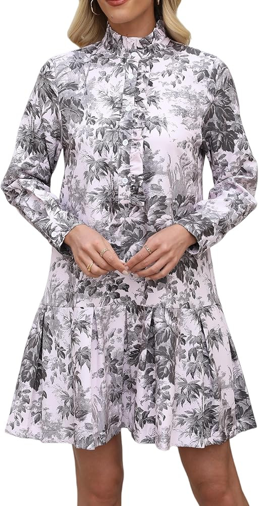 Women Floral Mini Dress Long Sleeve Stand Collar Button Up Elegant Work Swing Short Pleated Dress | Amazon (US)