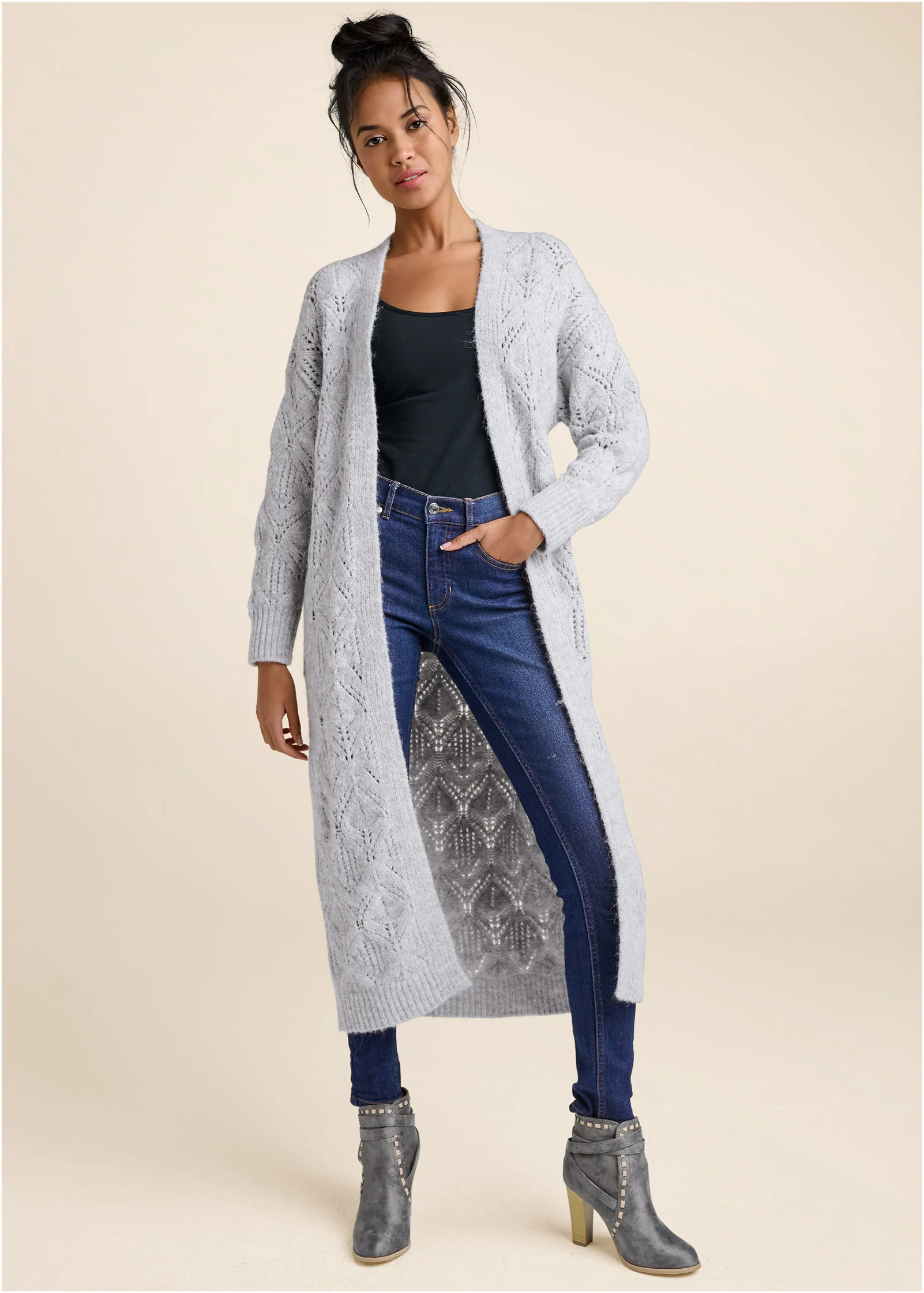 Cozy Open Knit Duster - Heather Grey | VENUS