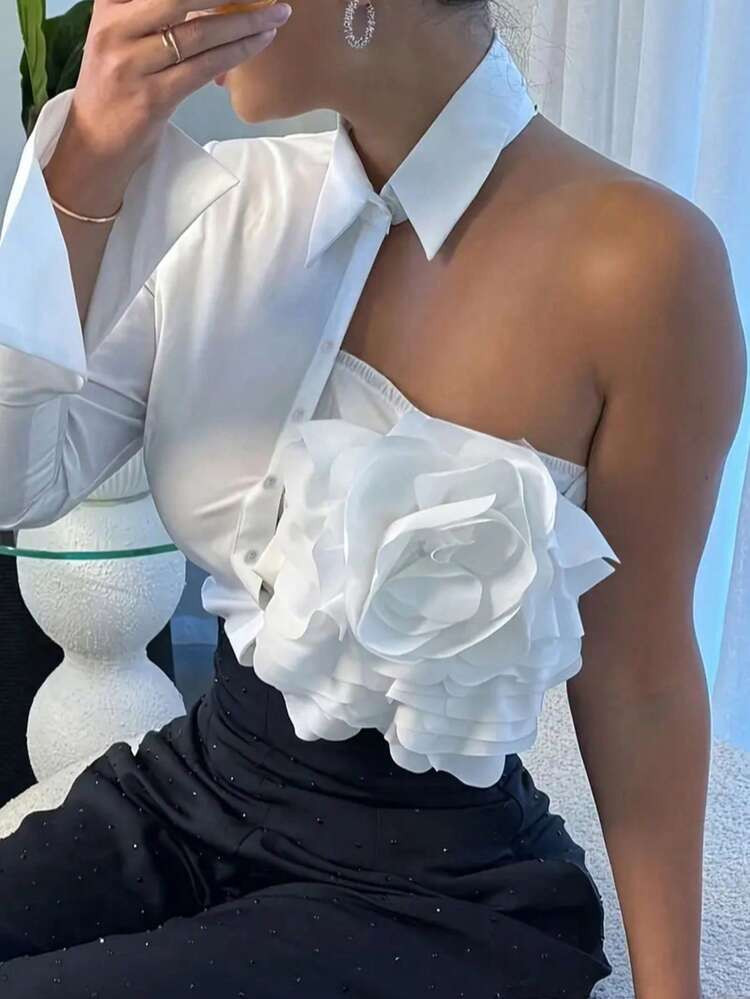 Women's Floral Decor Cold Shoulder Versatile Fashion Top White Spring | SHEIN