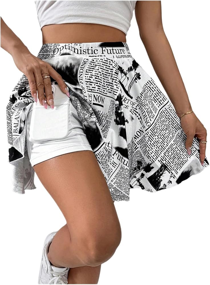 WDIRARA Women's Newspaper Print Athletic Shorts 2 In1 High Waist Workout Shorts with Pockets | Amazon (US)