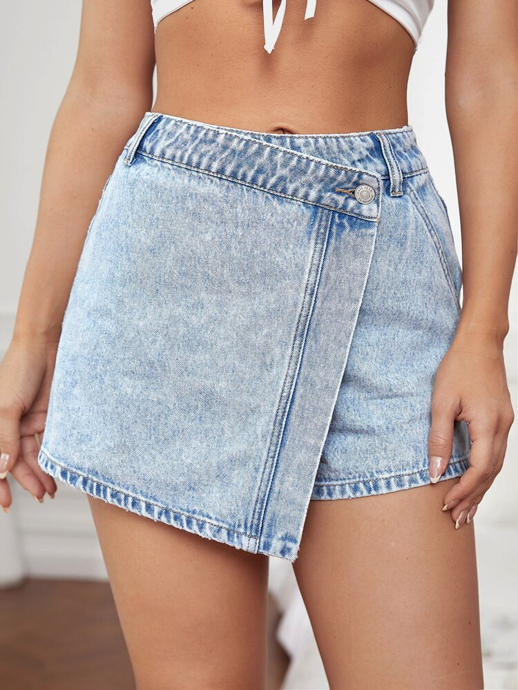 Asymmetrical Waist Wrap Front Denim Skort | SHEIN