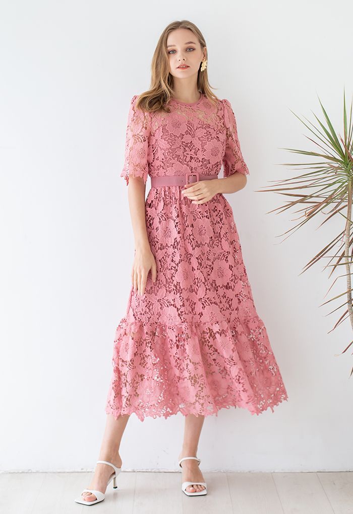 Princess Chic Floral Crochet Belted Dress in Pink | Chicwish