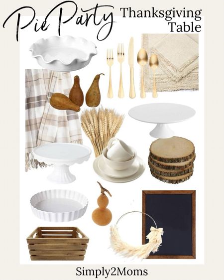 Host a Thanksgiving or Friendsgiving pie party! Everything you need to set a beautiful neutral rustic fall tablescape. From pie plates to pedestal stands. Fall decor like wheat stems and dried gourds. Plaid throw blanket as a tablecloth and fringed linen napkins for texture. Wood accents like crates a log slice placemats. Chalkboard sign, white dinnerware and gold flatware complete the look. #tablescape #thanksgiving #fallparty

#LTKhome #LTKstyletip #LTKSeasonal