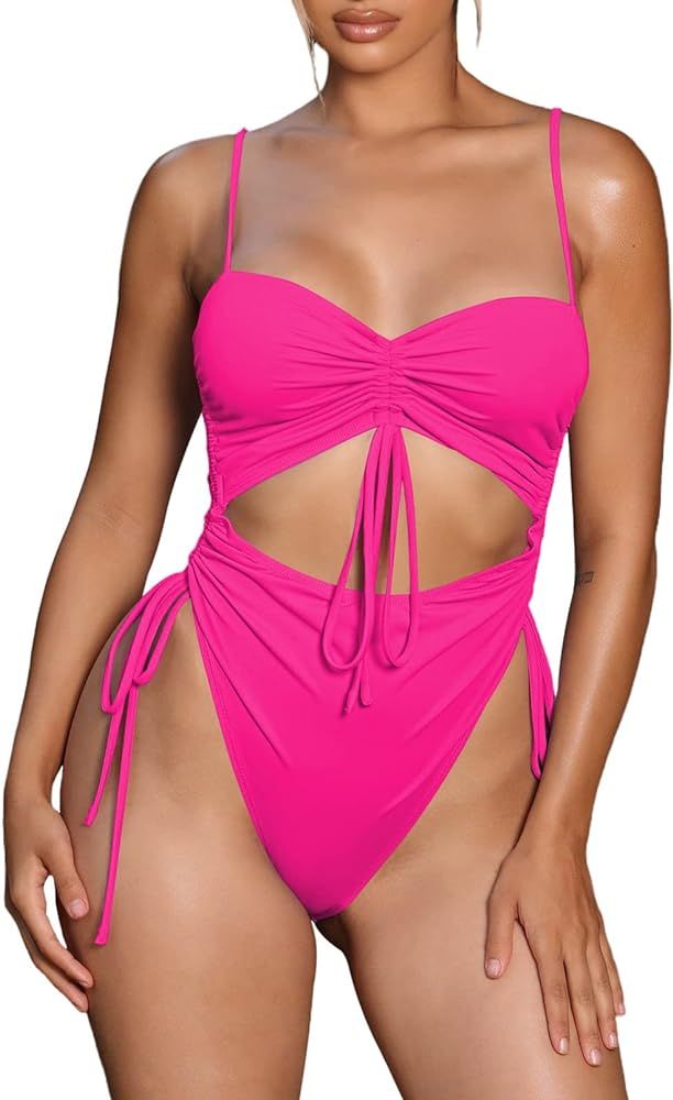 Viottiset Women's Cut Out Drawstring One Piece Swimsuit Cheeky High Cut Bathing Suit | Amazon (US)