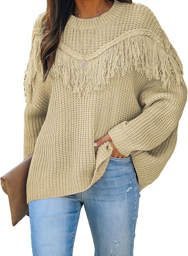 LOGENE Women's Casual Loose Tassel Decoration Round Neck Long Sleeve Cable Knit Sweaters | Amazon (US)