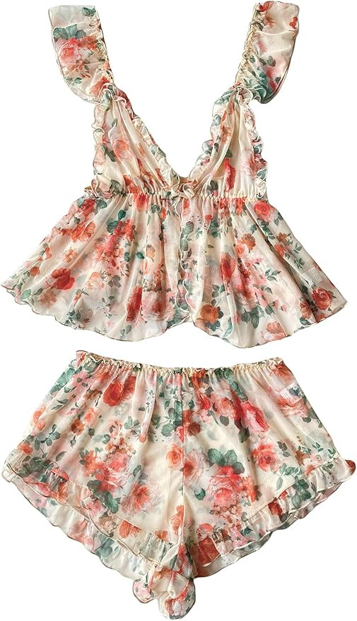 Verdusa Women's 2 Piece Floral Print Mesh Ruffled Peplum Cami Top and Shorts Pajama Sets | Amazon (US)