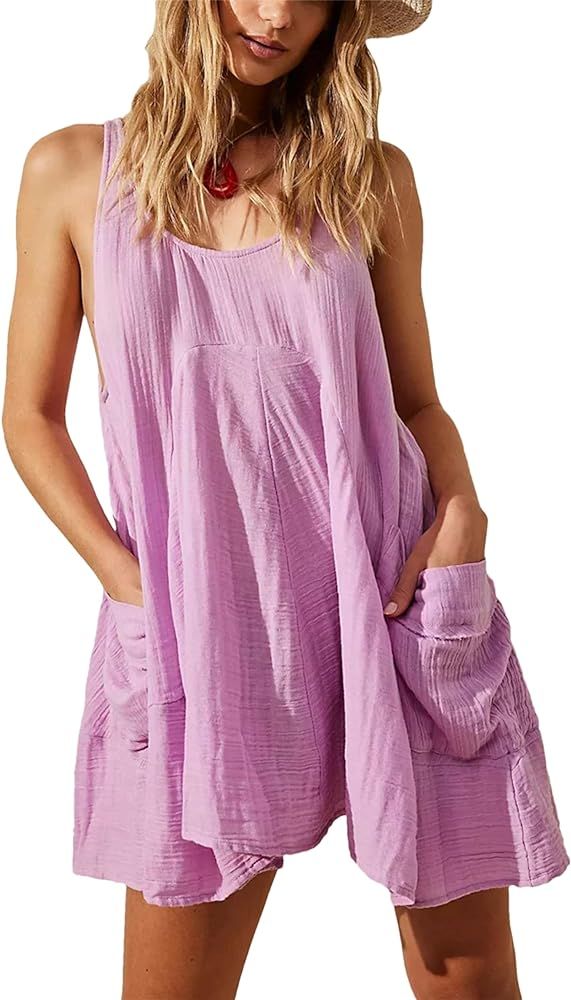 HangNiFang Womens Loose Summer Mini Tunic Dresses Open Back Round Neck Sleeveless Swing Sundress ... | Amazon (US)