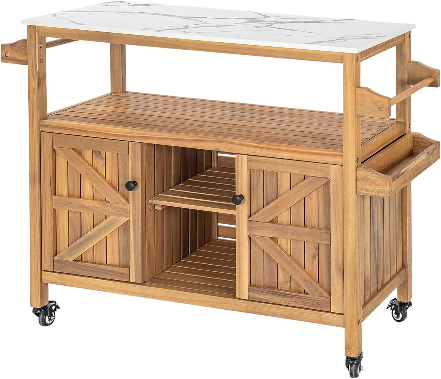 Merax Outdoor Patio Acacia Wood Bar Cart, Natural Finish with Marble-Effect Top, Lockable Wheels ... | Amazon (US)