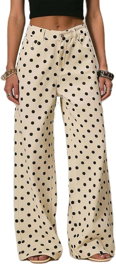 Mxiqqpltky Polka Dot Jeans Women Low Rise Cute Baggy Jeans Y2k Straight Wide Leg Boyfriend Denim ... | Amazon (US)