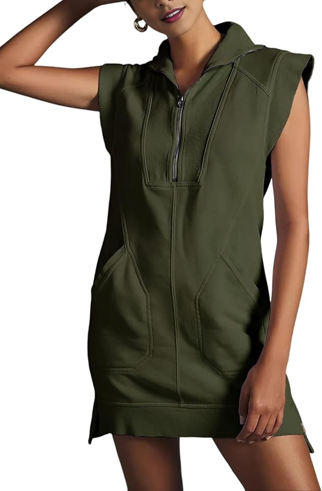 Qiaomai Womens Half Zip Sweatshirt Dresses Summer V Neck Sleeveless Pullover Tunic Tops Mini Dres... | Amazon (US)