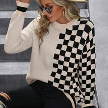 Women's Casual Patchwork Checkerboard Loose Drop Shoulder Sweater, Autumn/Winter | SHEIN