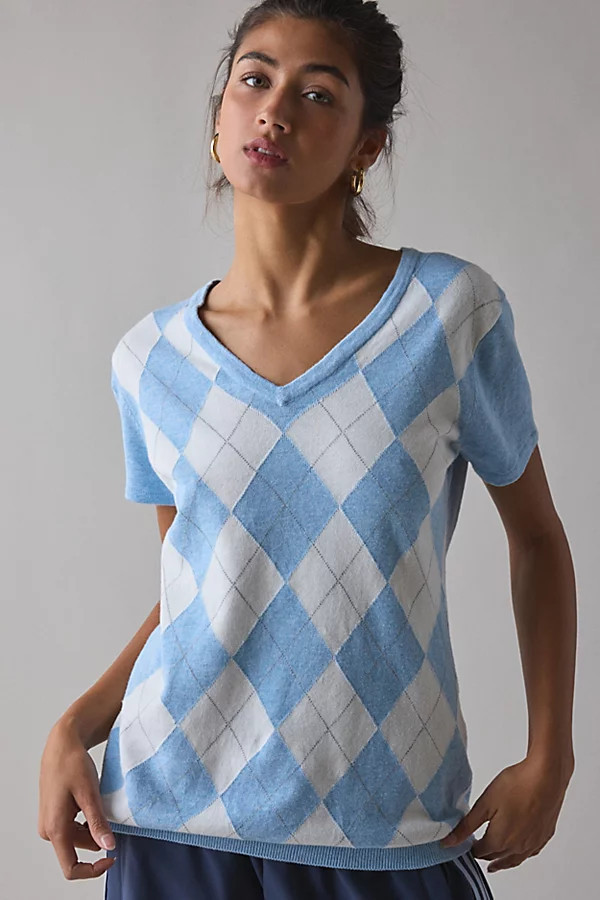 Vintage & ReMADE by UO ReMADE By UO Short Sleeve Argyle Sweater in Assorted Argyle, Women's at Urban Outfitters | Urban Outfitters (US and RoW)